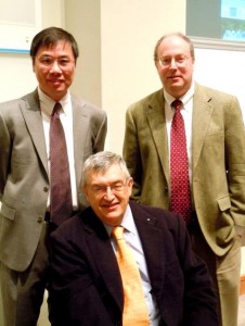 Zhenqi Liu (UVA Endocrinology division chief); Michael Thorner (former Endocrinology division chief and former Dept. of Medicine chair); current Department of Medicine chair Mitch Rosner—at the Thorner Research Symposium, October 2013.